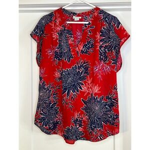 Liz Claiborne Red Floral Print V Neck Short Sleeve Top Womens XL Cottage Flowy